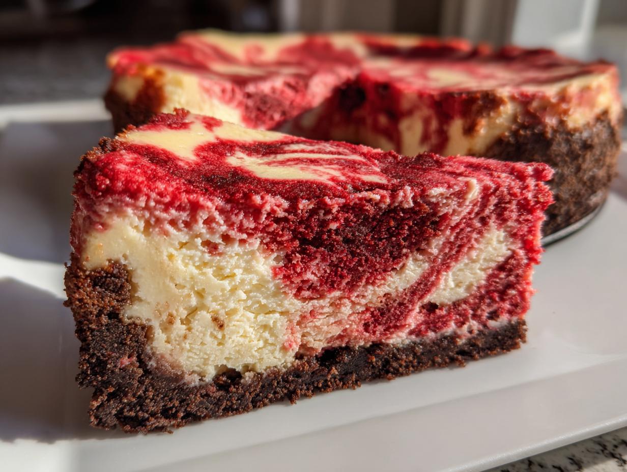 A close-up slice of rich red velvet cheesecake showing red and white swirls over a dark chocolate crust.