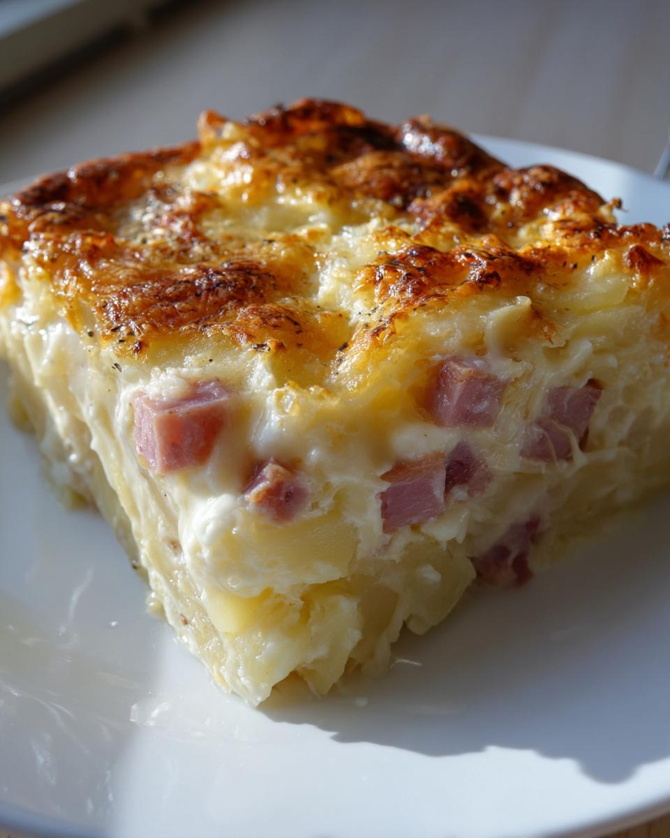 A thick, square slice of creamy scalloped potatoes and ham with a golden-brown, cheesy crust.