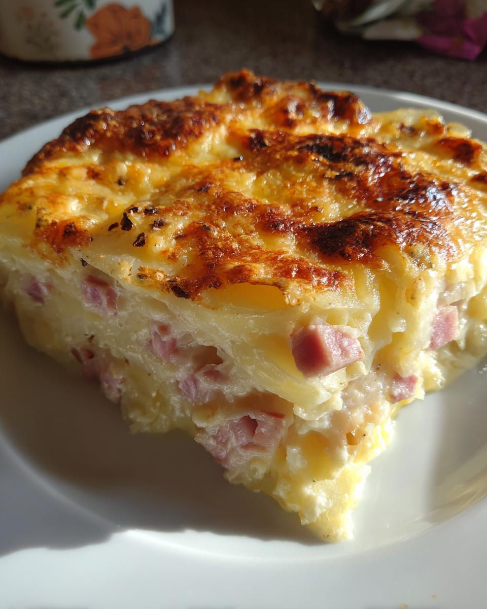 Close-up of a thick slice of scalloped potatoes and ham with layers of creamy sauce and browned cheese topping.