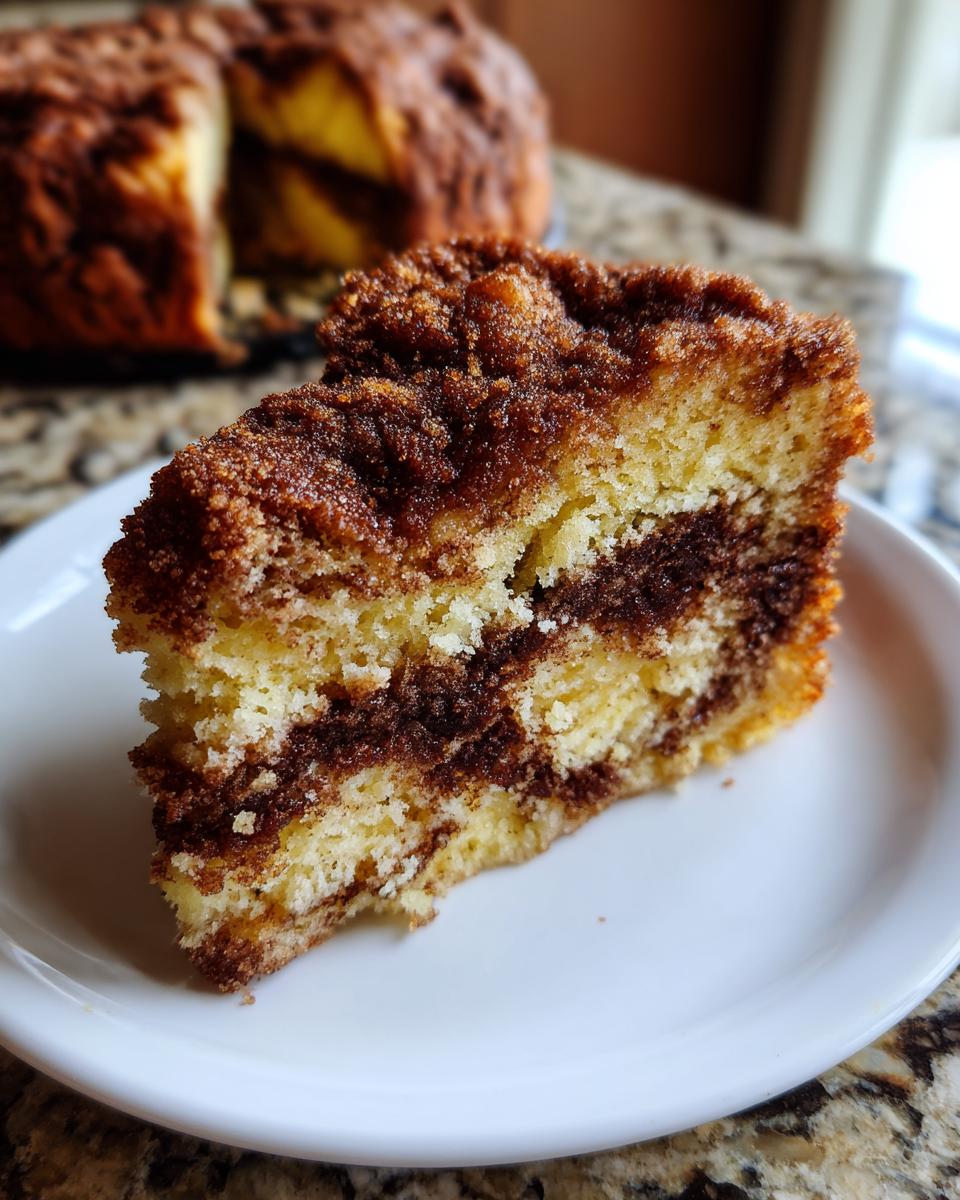 A close-up of a moist slice of sour cream coffee cake showing layers of yellow cake and dark cinnamon filling.
