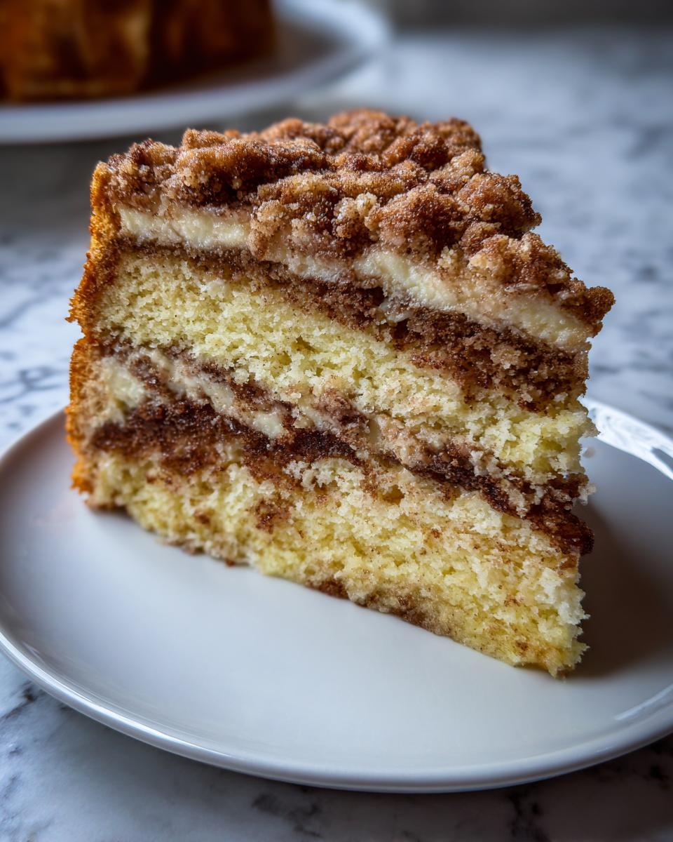 Close-up of a moist slice of sour cream coffee cake showing layers of yellow cake, cinnamon swirl, cream cheese filling, and crumbly streusel topping.