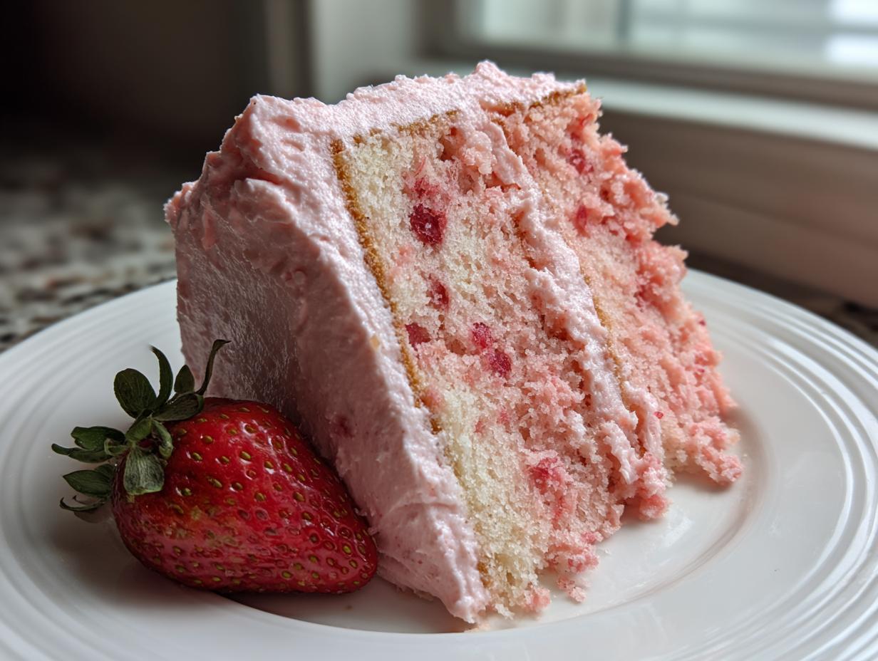 A generous slice of pink strawberry cake with visible fruit pieces, covered in pink frosting, served with a fresh strawberry.