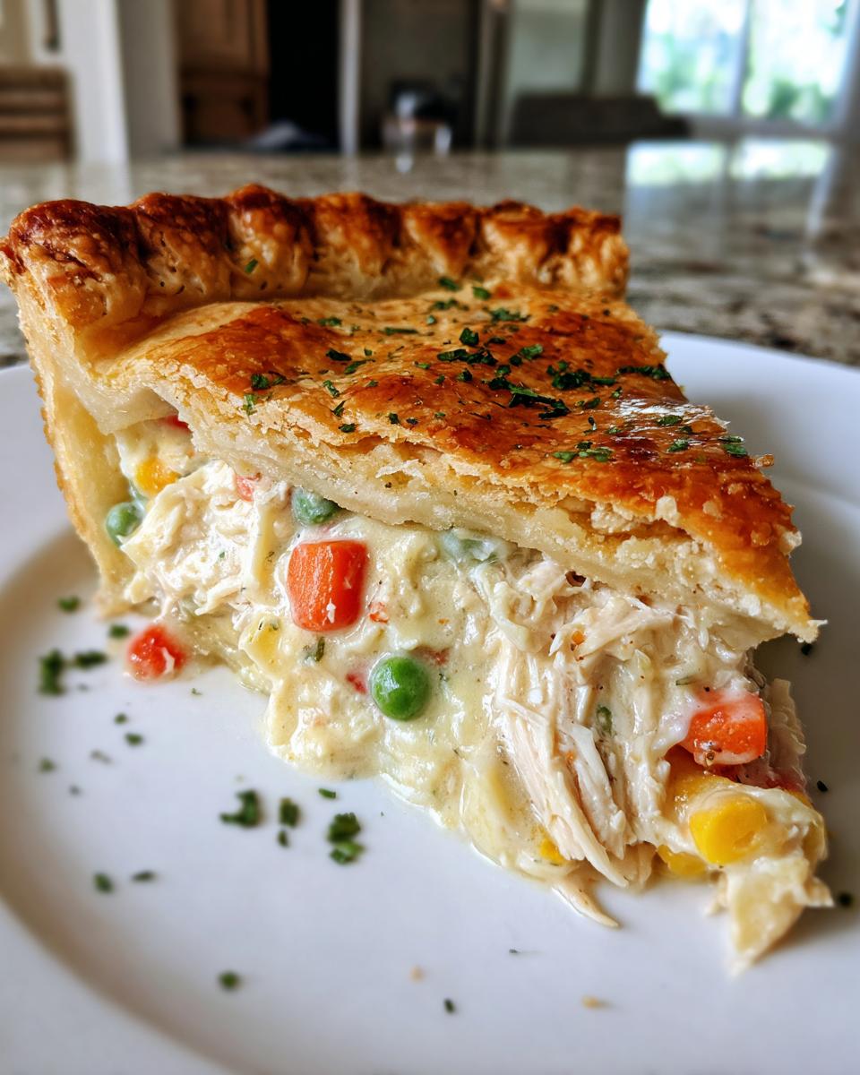 A close-up slice of turkey pot pie recipe showing shredded turkey, carrots, peas, and creamy filling under a golden, flaky crust.