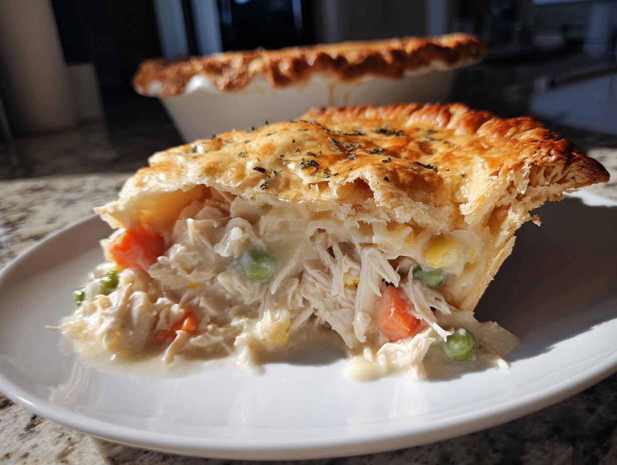 A close-up slice of turkey pot pie recipe showing creamy filling, shredded turkey, peas, and carrots under a golden flaky crust.