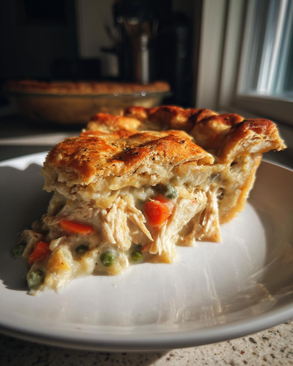 A close-up slice of turkey pot pie recipe showing flaky crust and creamy filling with shredded turkey, carrots, and peas.