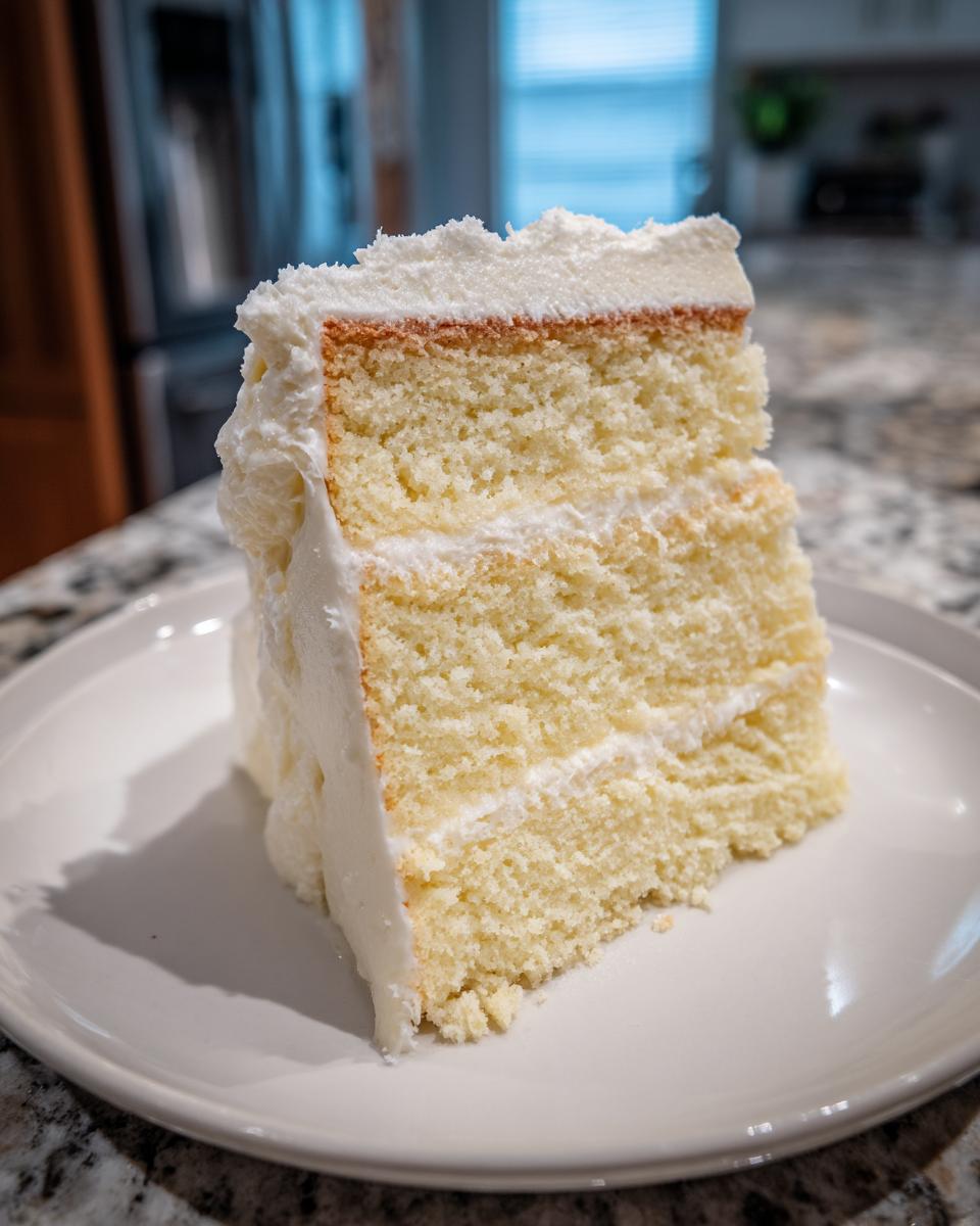 A close-up of a thick slice of moist vanilla cake recipe, layered with white frosting, sitting on a white plate.