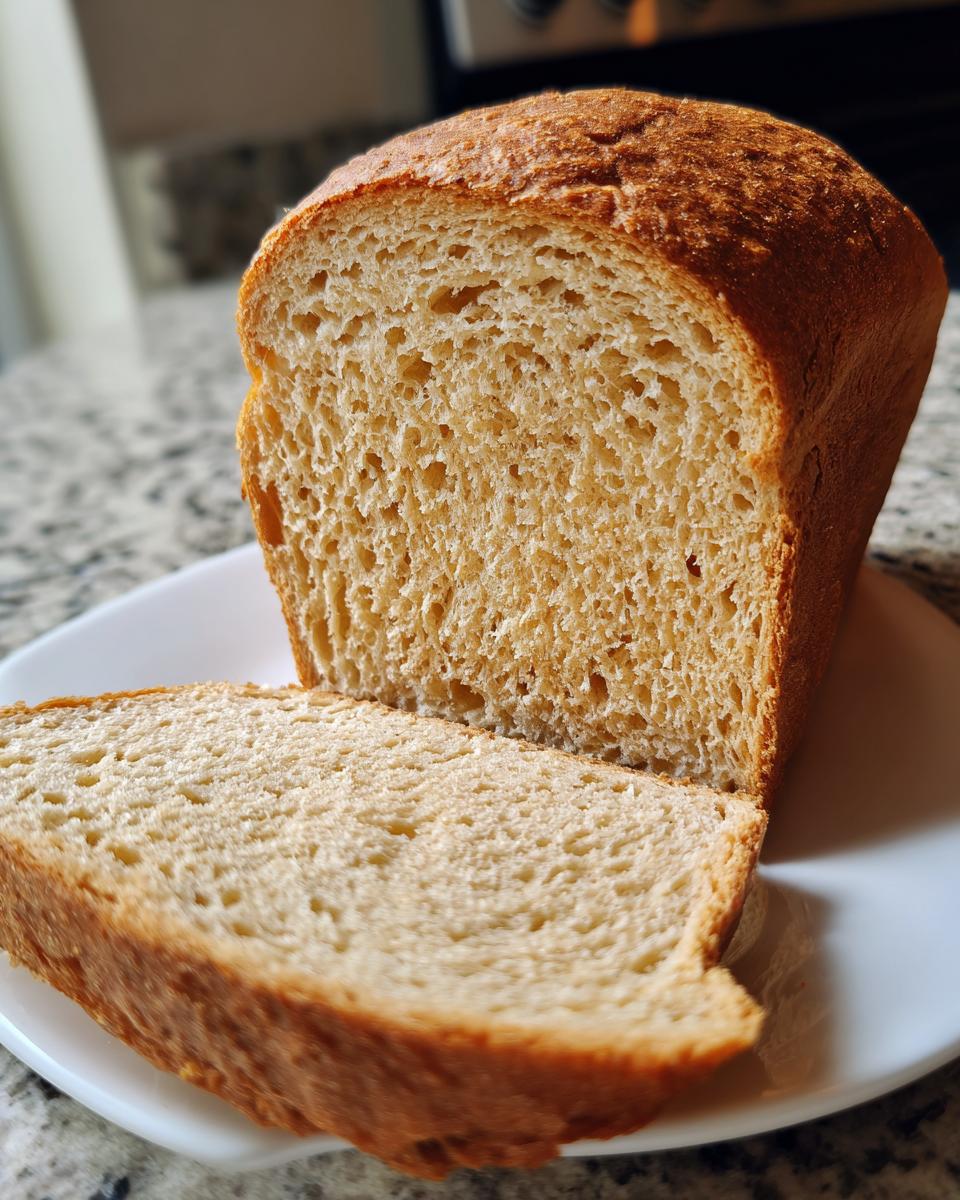 A close-up view of a freshly baked loaf of beer bread, sliced to show the soft, airy interior texture.
