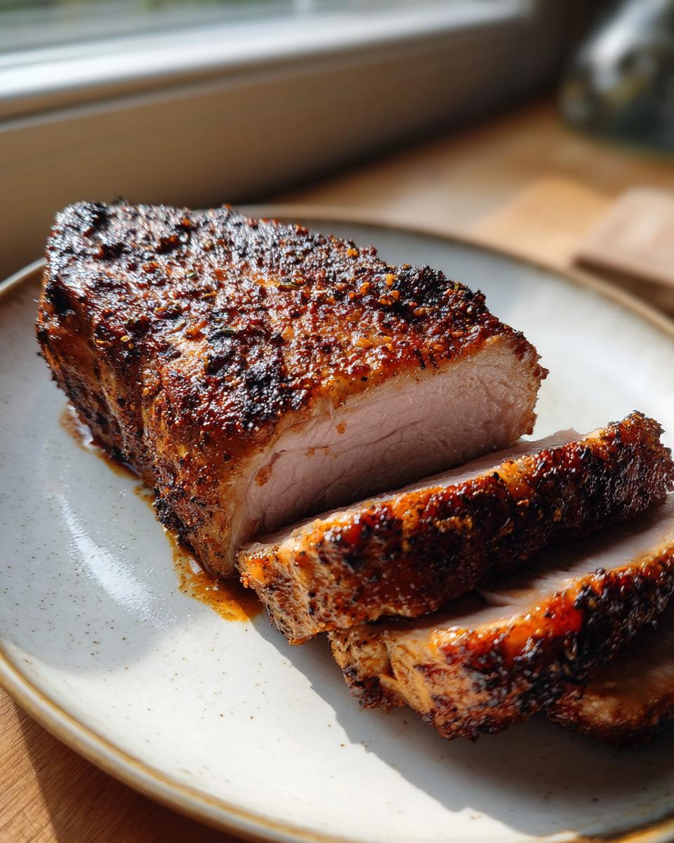 Close-up of perfectly cooked, sliced air fryer pork chops showing a dark, seasoned crust and tender interior.