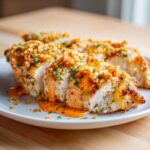 Close-up of sliced Fiesta Lime Chicken breasts covered in a creamy orange sauce and crunchy topping.