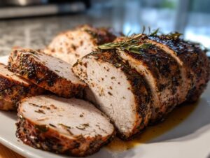 Close-up of a juicy, sliced pork loin roast with a dark herb crust and a sprig of rosemary on top.
