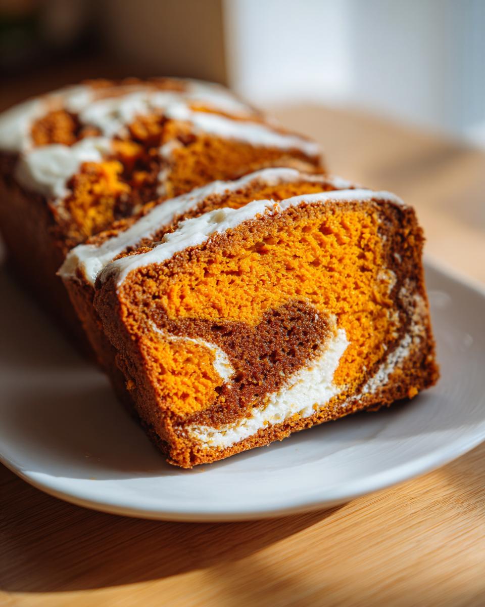 Close-up of sliced pumpkin cream cheese bread showing bright orange pumpkin batter swirled with chocolate and cream cheese filling.