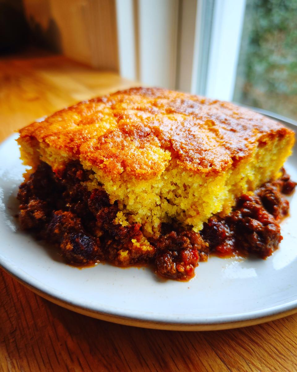 A square serving of sloppy joe cornbread casserole featuring a golden cornbread top layer over a rich, meaty sloppy joe filling.