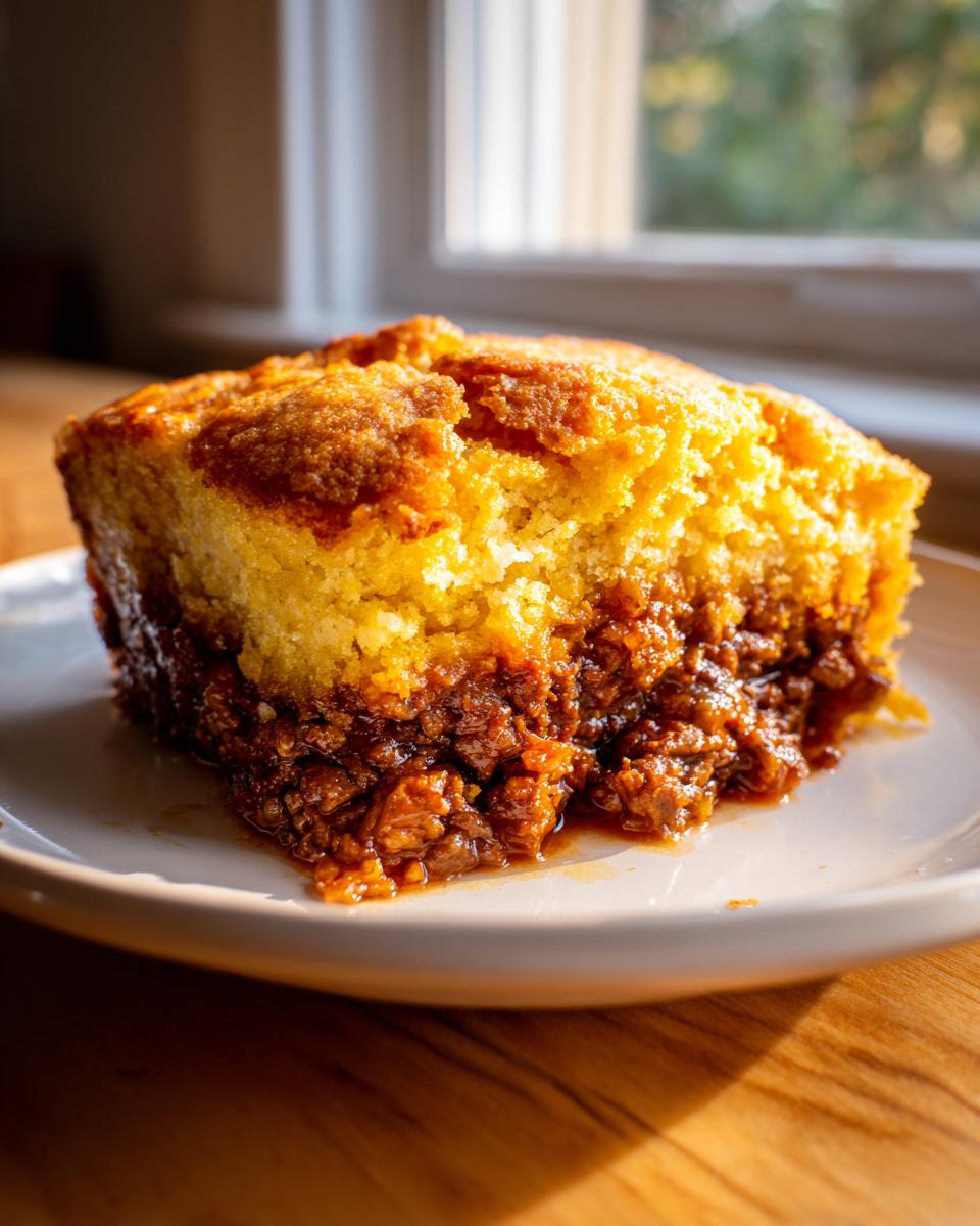 A close-up of a thick slice of sloppy joe cornbread casserole showing the savory meat layer beneath the golden cornbread top.