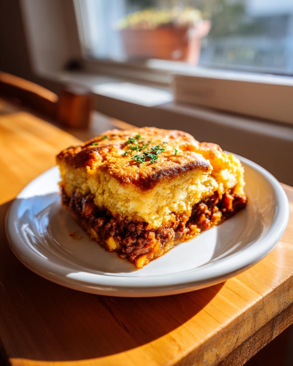 A square slice of sloppy joe cornbread casserole with a thick cornbread top layer over a meaty sloppy joe filling.