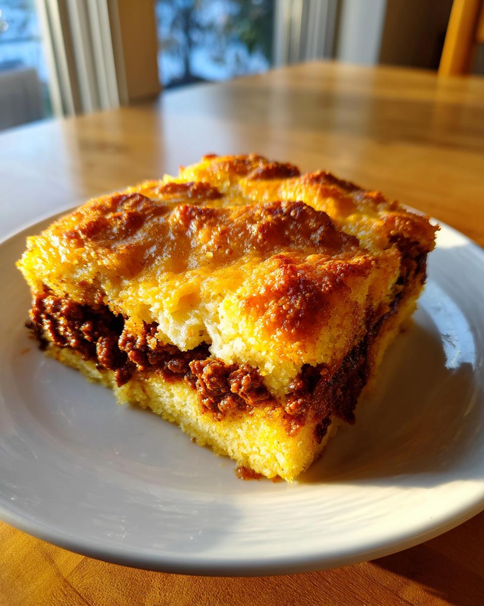 A close-up of a square slice of sloppy joe cornbread casserole showing the savory meat filling between two layers of golden cornbread.