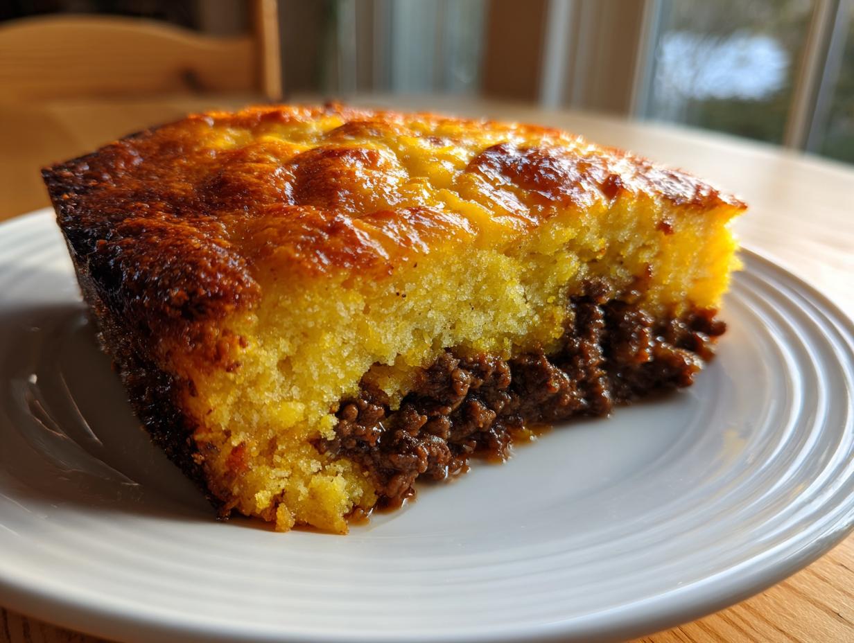 A close-up slice of sloppy joe cornbread casserole showing a thick layer of savory meat filling topped with golden cornbread.