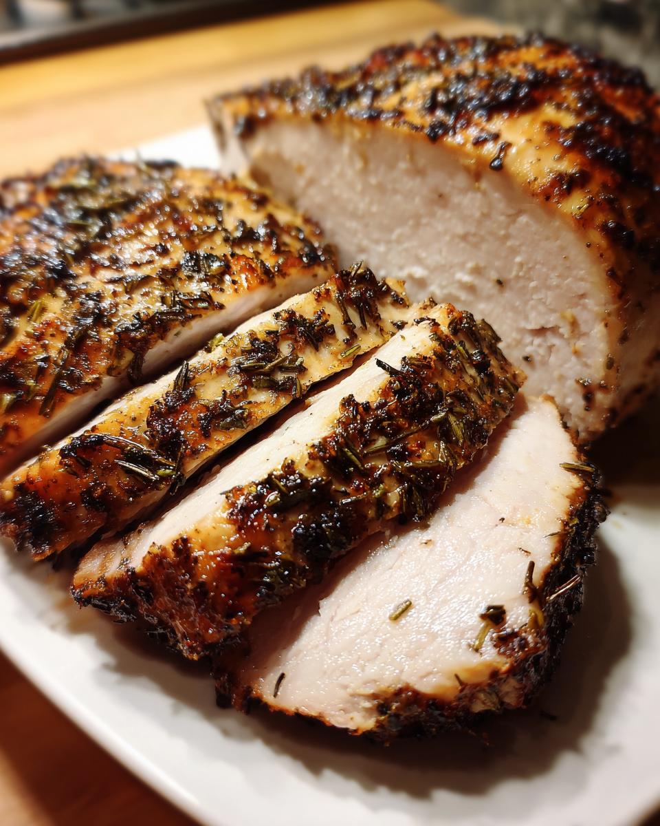 Close-up of sliced slow cooker turkey breast showing juicy white meat and a dark, herbed crust.