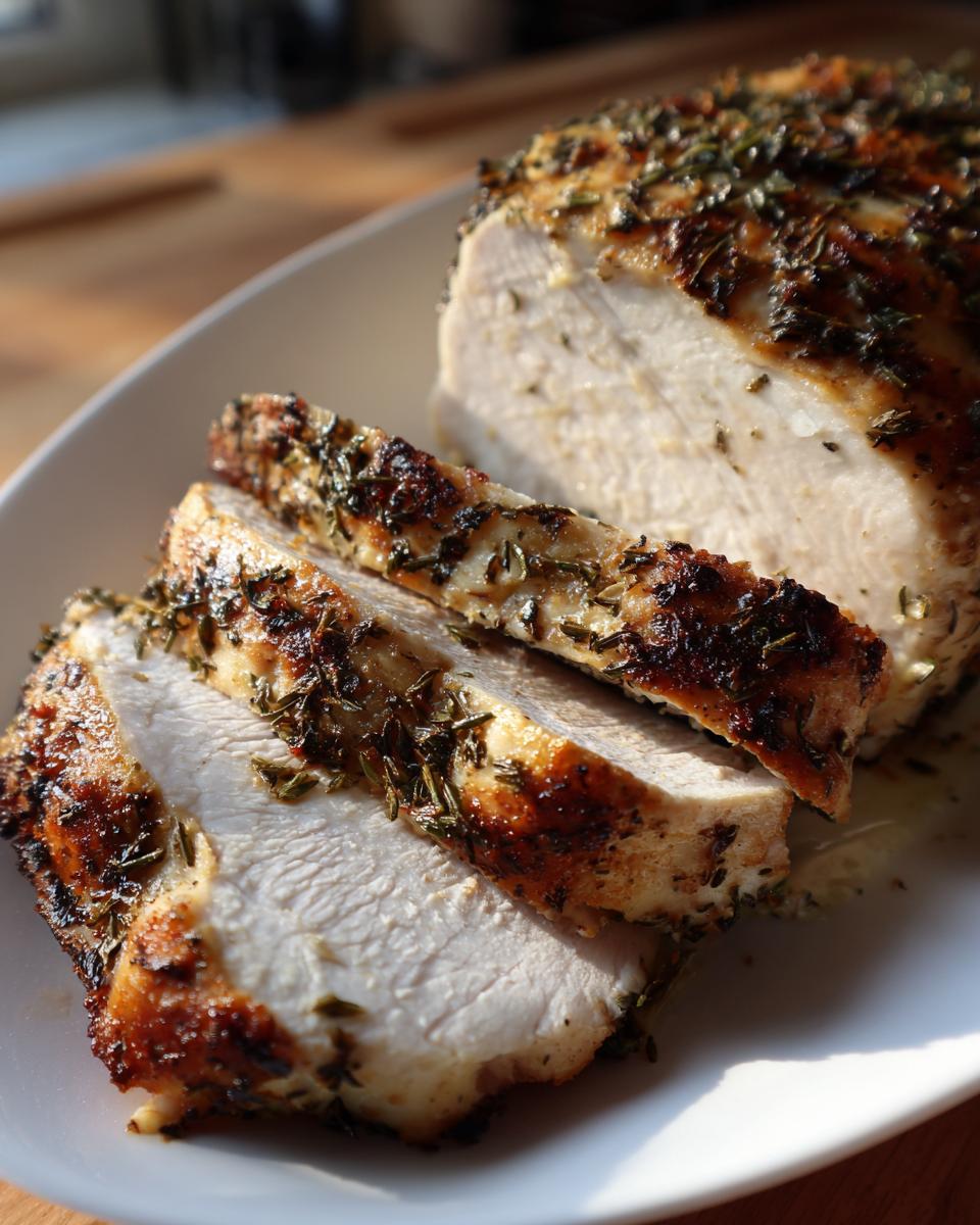 Close-up of a perfectly cooked slow cooker turkey breast, sliced to show moist white meat and a seasoned, herby crust.