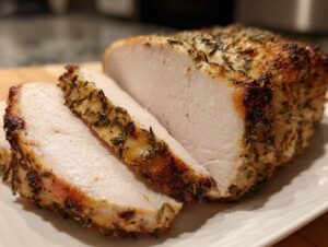 Close-up of a perfectly cooked, sliced slow cooker turkey breast roast seasoned with herbs.