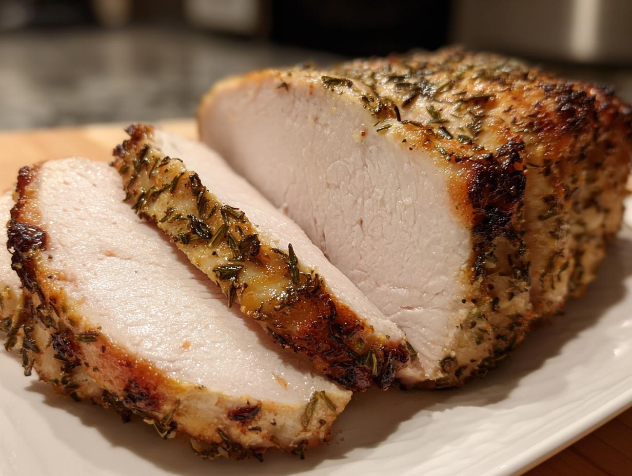 Close-up of a perfectly cooked, sliced slow cooker turkey breast roast seasoned with herbs.