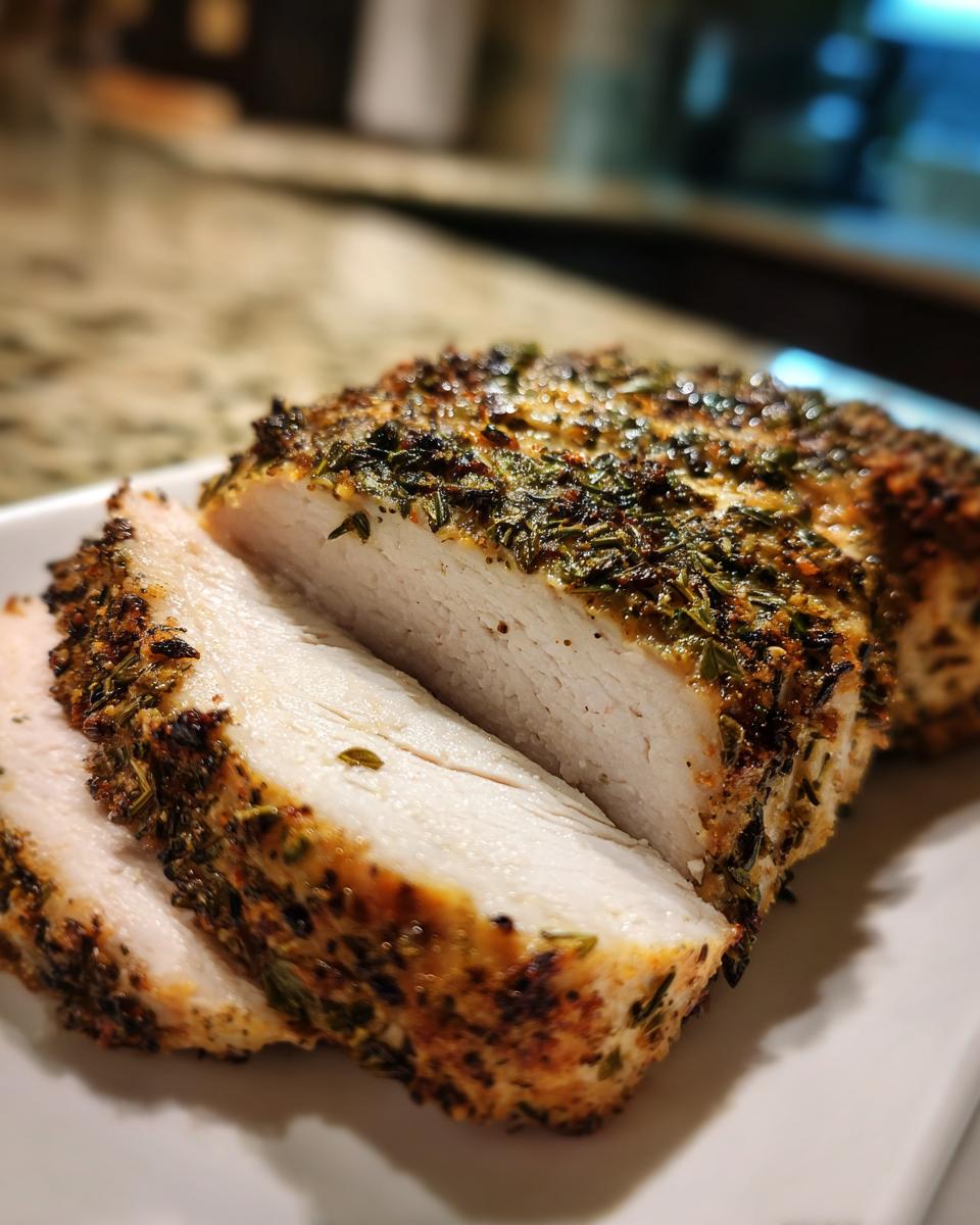 Close-up of moist, sliced slow cooker turkey breast with a flavorful herb crust.