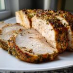 Close-up of sliced slow cooker turkey breast, showing moist white meat coated in savory herbs and spices.