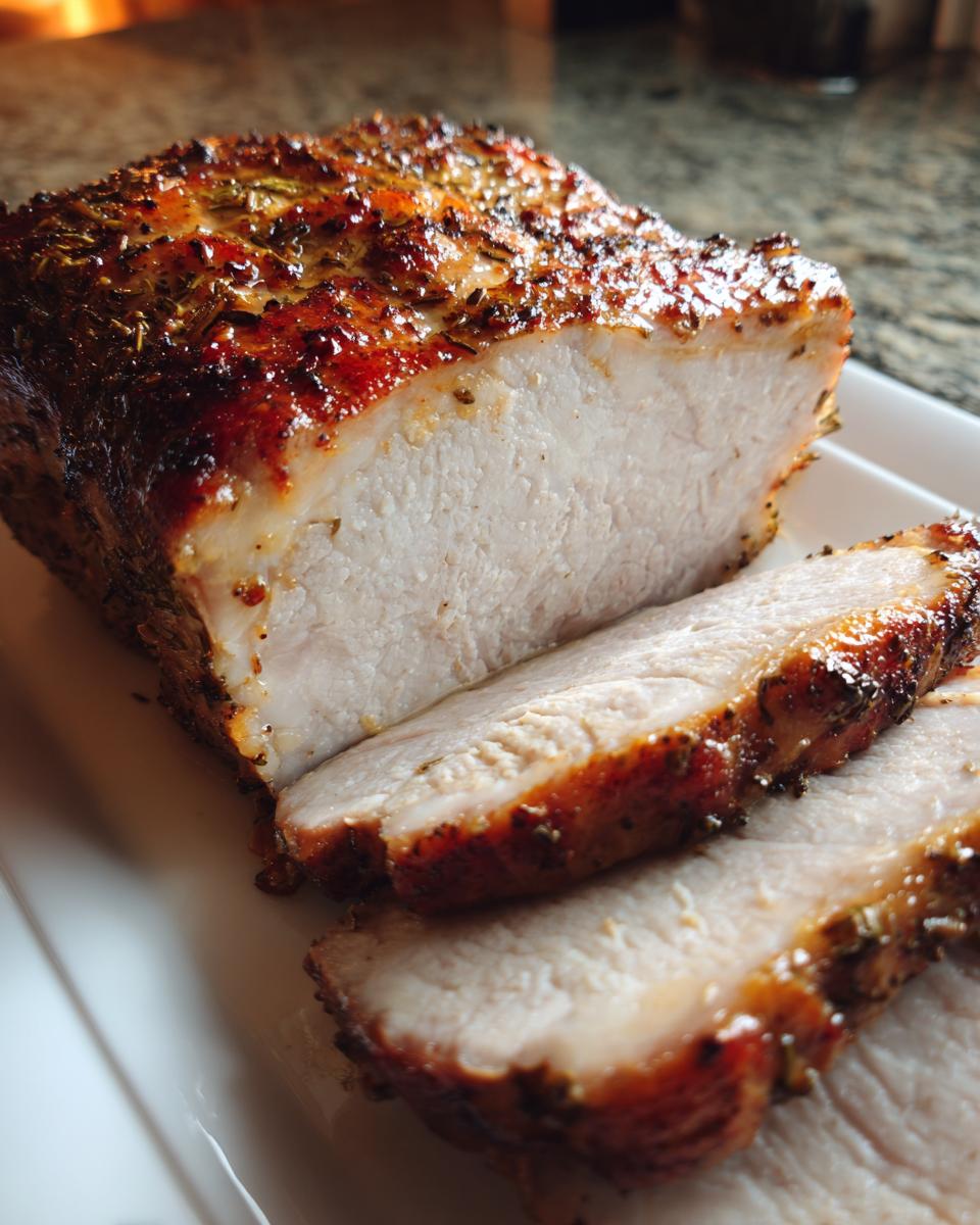 Close-up of a perfectly cooked, sliced slow cooker turkey breast roast with a seasoned, browned exterior.