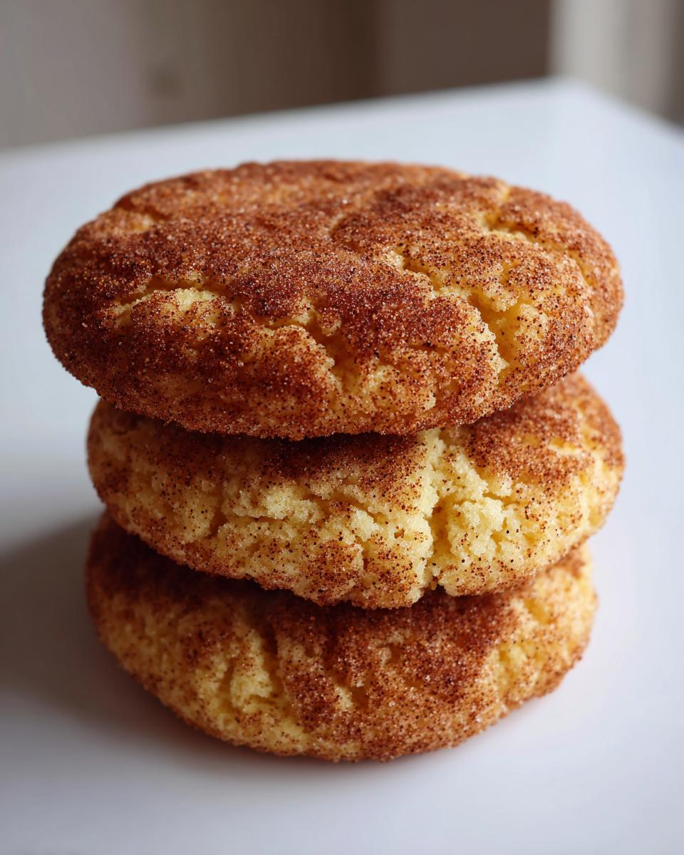 Three soft snickerdoodles stacked vertically, coated generously in cinnamon sugar.