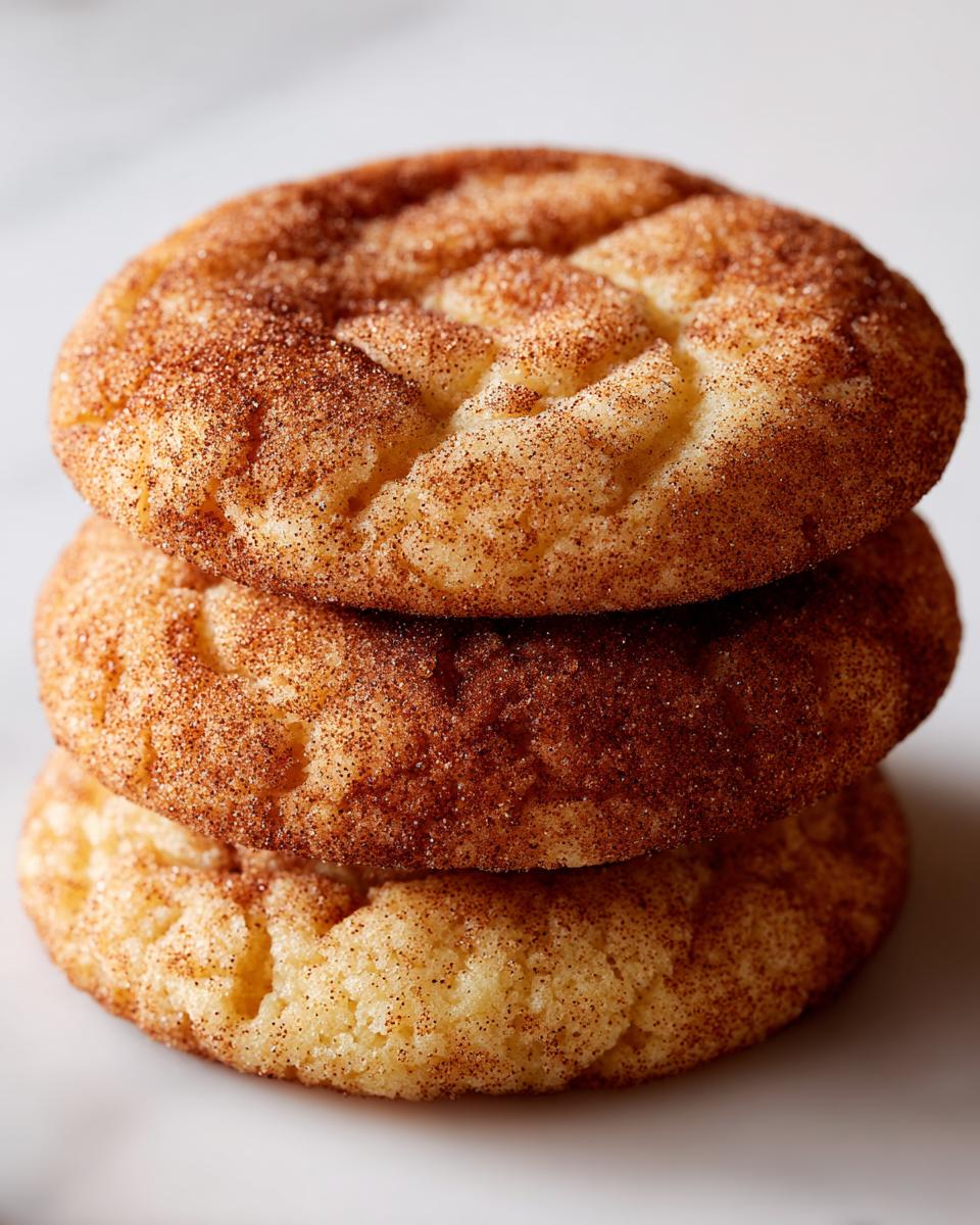 A close-up stack of three soft, chewy snickerdoodles generously coated in cinnamon sugar.