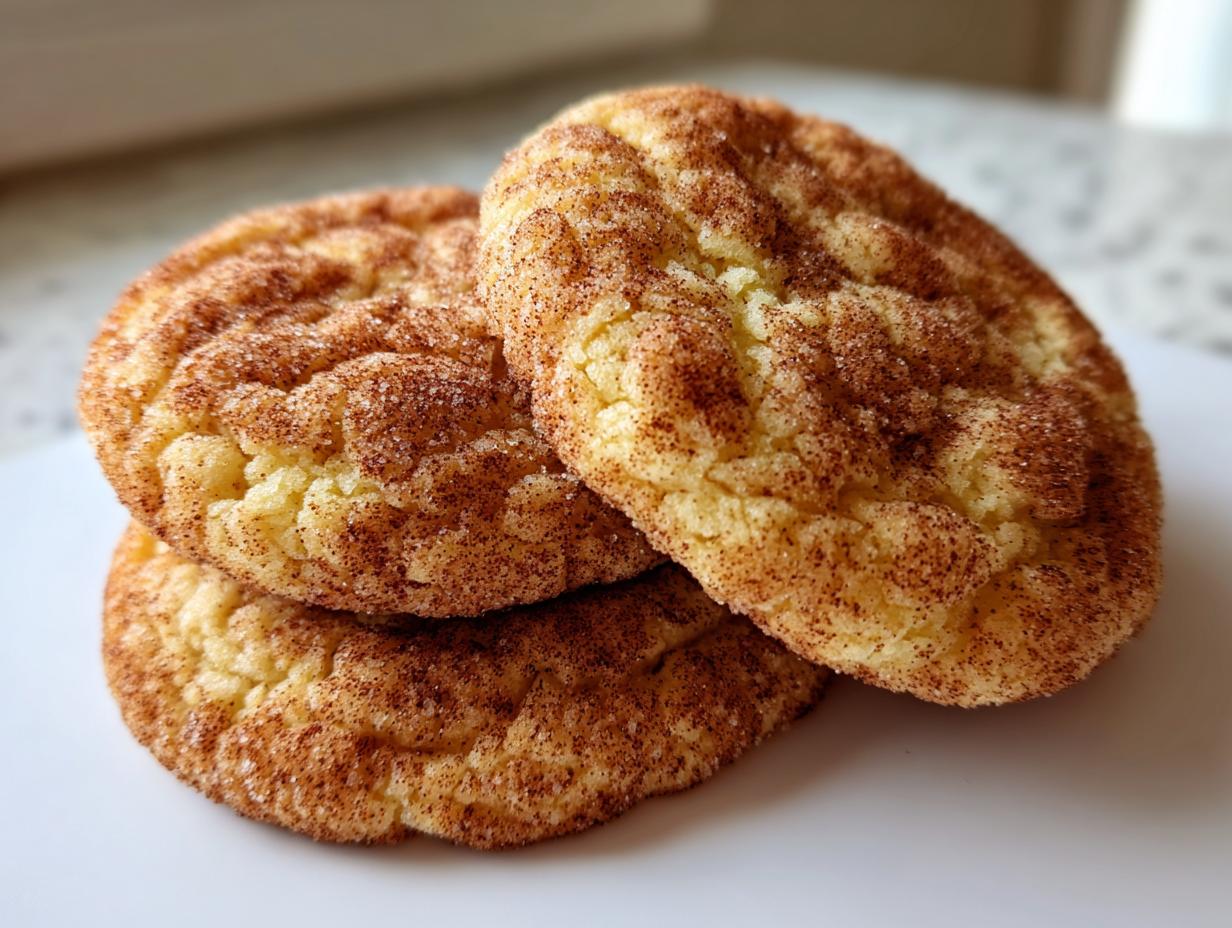 A stack of three soft, chewy snickerdoodles generously coated in cinnamon sugar, ready to eat.
