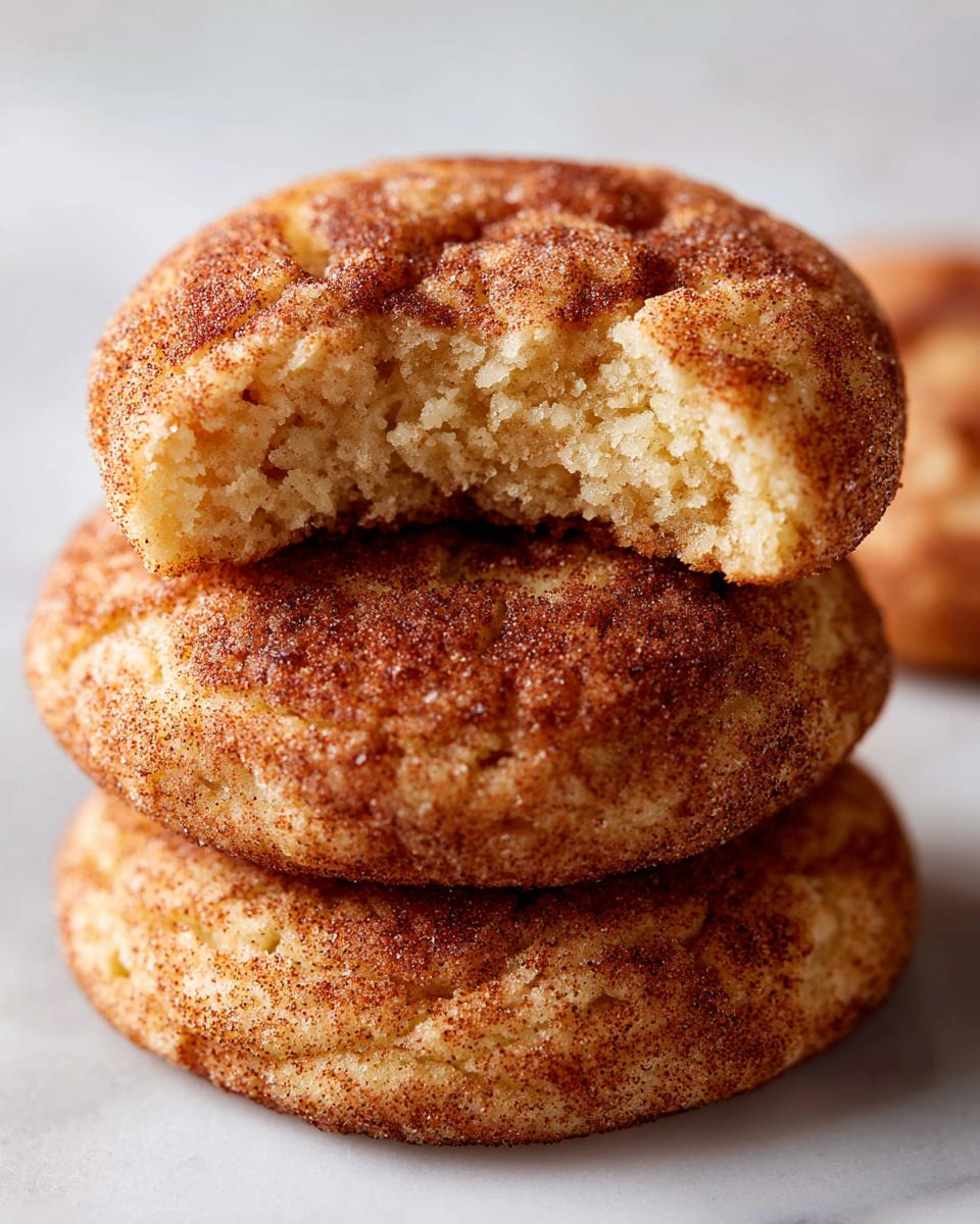 Stack of three soft snickerdoodles coated in cinnamon sugar, with a bite taken out of the top cookie.