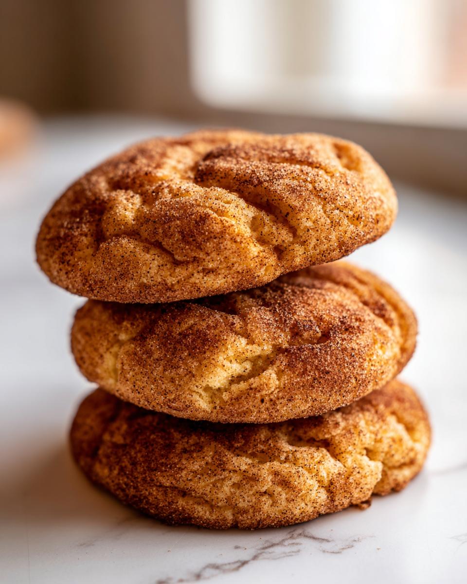 Three soft, freshly baked snickerdoodles stacked vertically on a white marble surface.