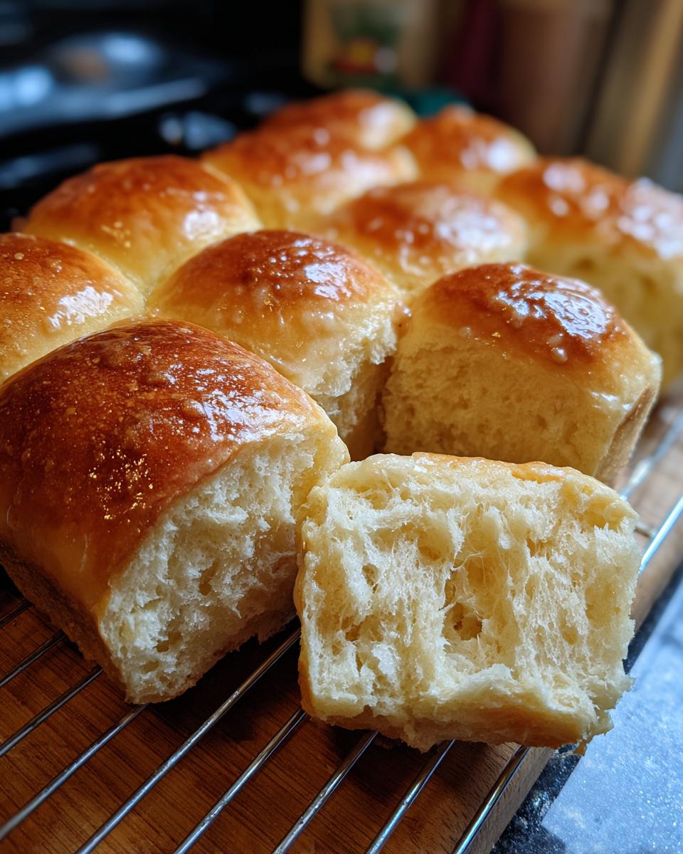 A batch of glossy, golden-brown sourdough discard rolls cooling on a wire rack, one roll pulled apart showing the soft interior.