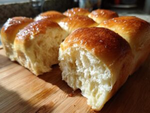 Close-up of soft sourdough discard rolls, one torn open to show the fluffy interior and shiny, golden-brown tops.
