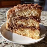 A tall slice of sour cream coffee cake showing three layers of cake separated by rich cinnamon streusel filling.