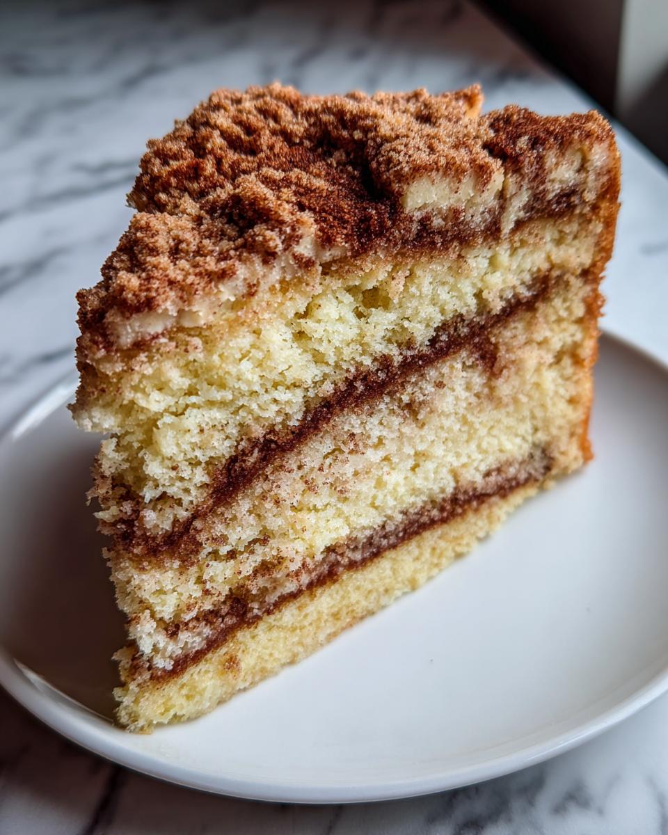 A close-up of a moist slice of sour cream coffee cake featuring layers of cinnamon filling and a thick, crumbly streusel topping.