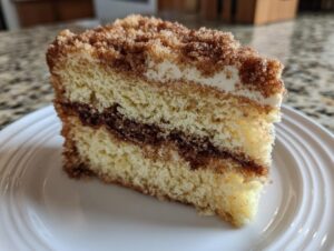 Close-up of a moist slice of sour cream coffee cake showing layers of cake, cinnamon filling, and a thick streusel topping.