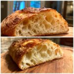 Close-up of the open, airy crumb structure of bread made from sourdough discard pizza dough.