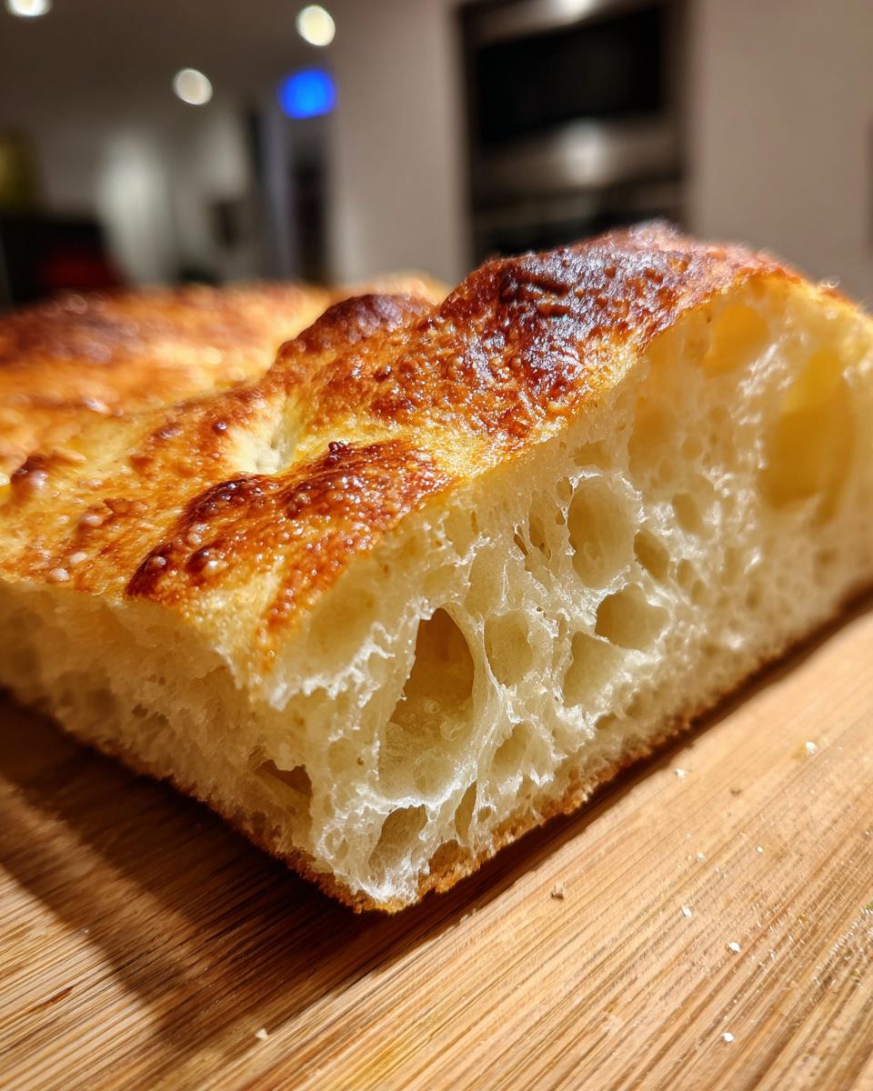 Close-up of the airy, open crumb structure of baked sourdough discard pizza dough on a wooden board.