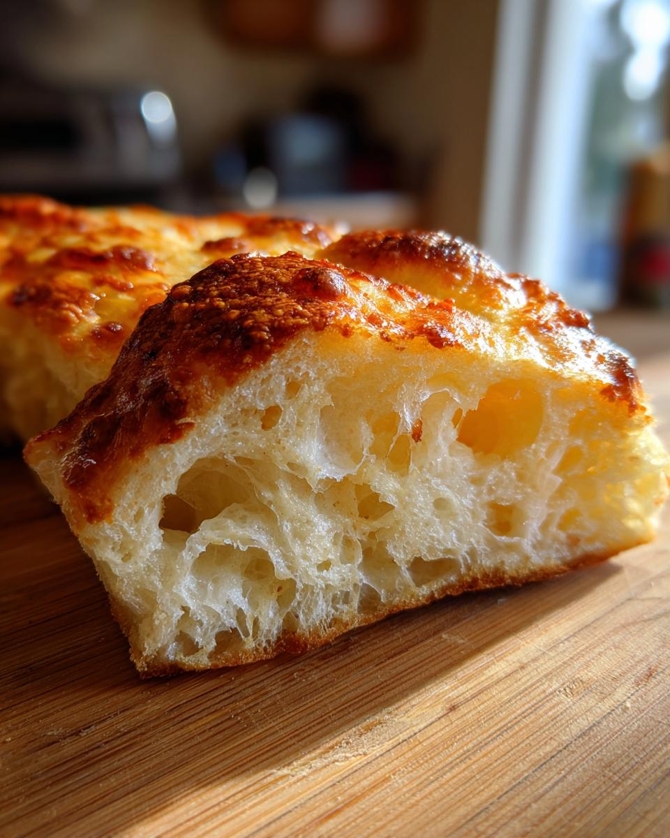 Close-up of the airy, open crumb structure of baked sourdough discard pizza dough on a wooden board.