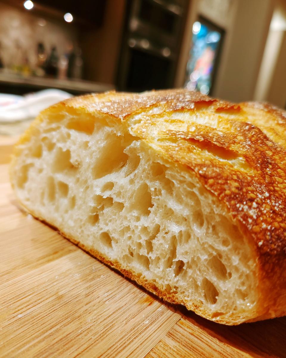 Close-up of the open, airy crumb structure of a baked loaf made from sourdough discard pizza dough.