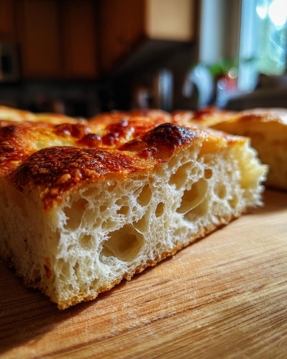 Close-up cross-section showing the airy, open crumb structure of sourdough discard pizza dough.