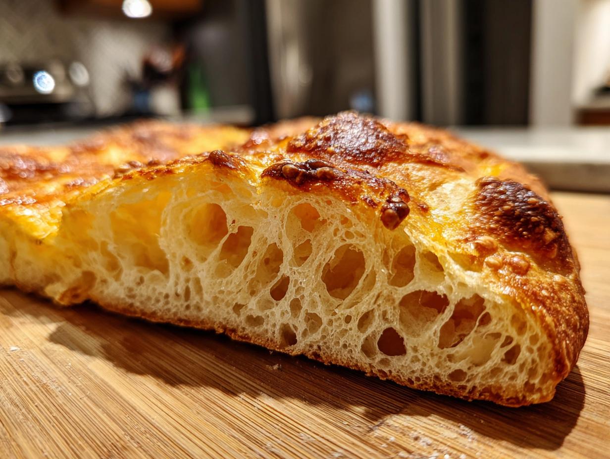 Close-up of the airy, open crumb structure of baked sourdough discard pizza dough on a wooden board.