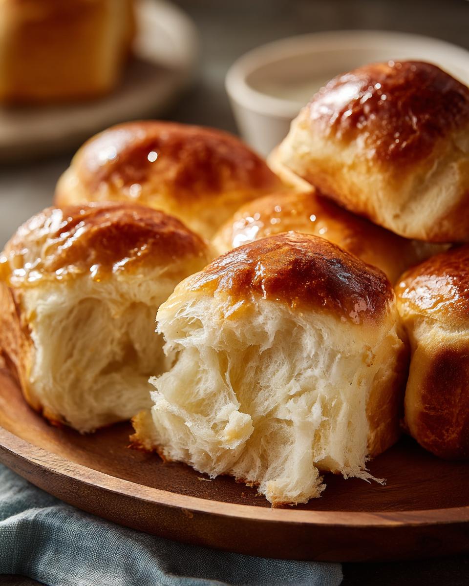 Close-up of soft, pull-apart sourdough discard rolls with a shiny glaze on a wooden plate.