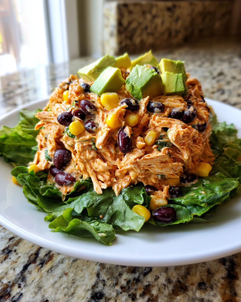 A mound of creamy southwest chicken salad mixed with black beans and corn, topped with avocado chunks, served over lettuce.