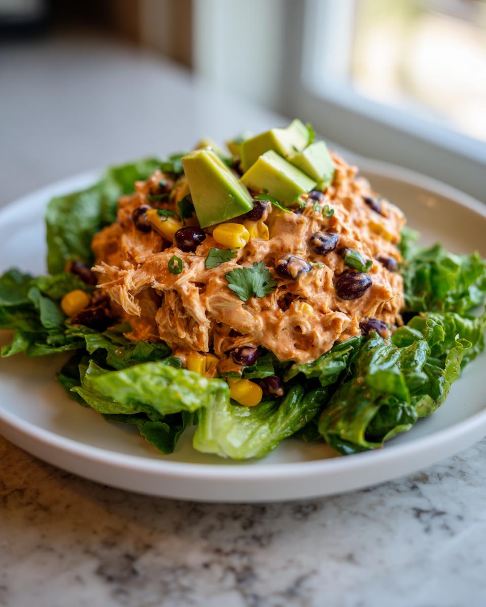 A serving of creamy southwest chicken salad topped with avocado, black beans, and corn, resting on fresh lettuce leaves.