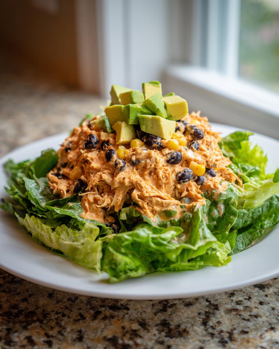 A mound of creamy southwest chicken salad mixed with black beans and corn, served over lettuce and topped with diced avocado.