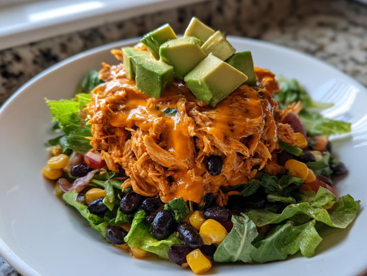 A vibrant bowl of southwest chicken salad featuring shredded chicken coated in orange sauce, black beans, corn, and topped with diced avocado.
