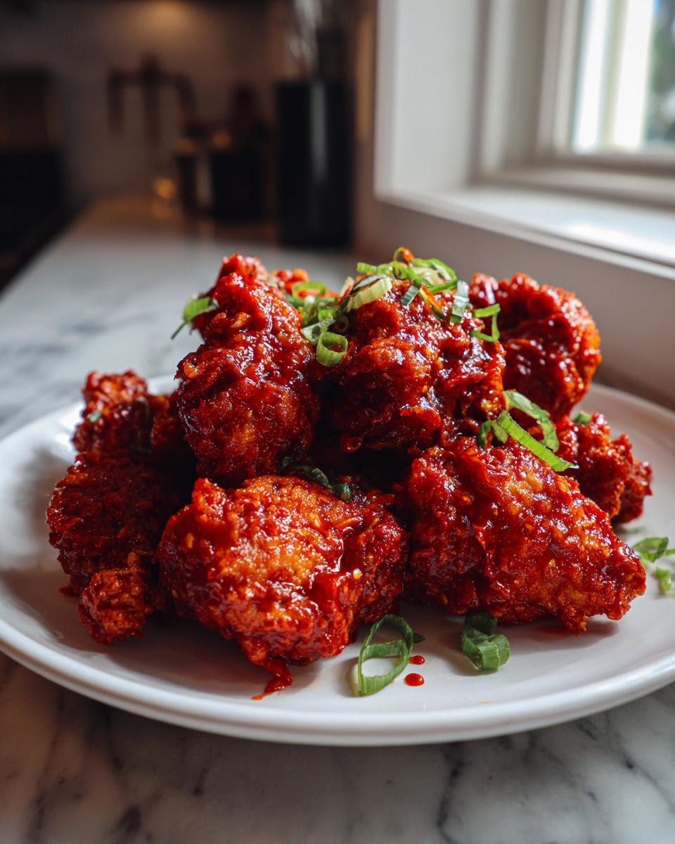A close-up of a pile of glossy, bright red korean fried chicken pieces garnished with sliced green onions on a white plate.