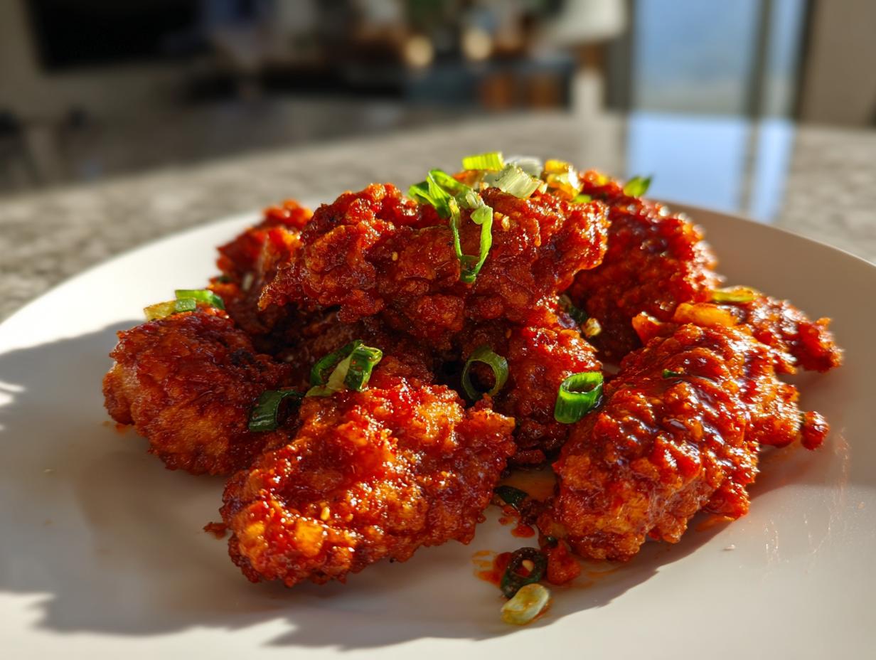 Close-up of crispy, saucy korean fried chicken pieces garnished with chopped green onions on a white plate.